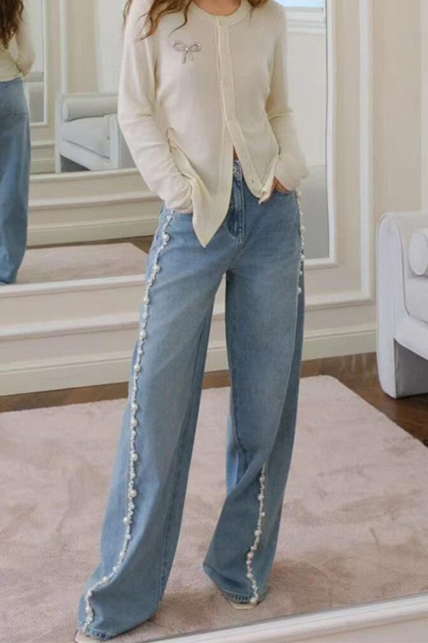 Boho Blue Nail Bead Denim Wide Leg Pants Spring