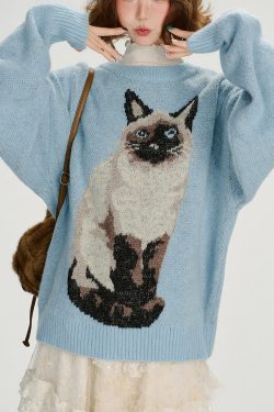 Boho Blue Oversized Dog Jacquard Knit Sweater Tops Winter