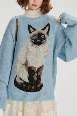 Boho Blue Oversized Dog Jacquard Knit Sweater Tops Winter
