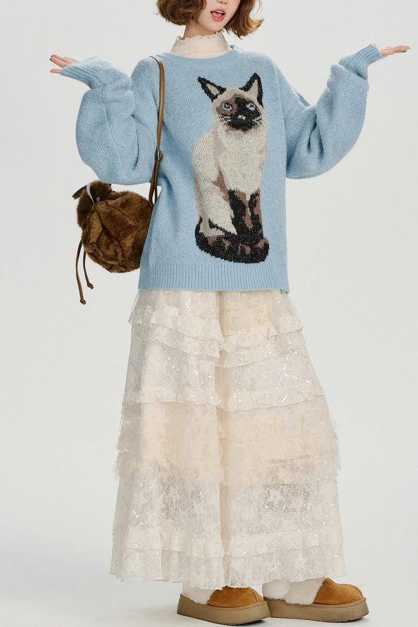 Boho Blue Oversized Dog Jacquard Knit Sweater Tops Winter