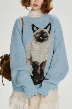Boho Blue Oversized Dog Jacquard Knit Sweater Tops Winter