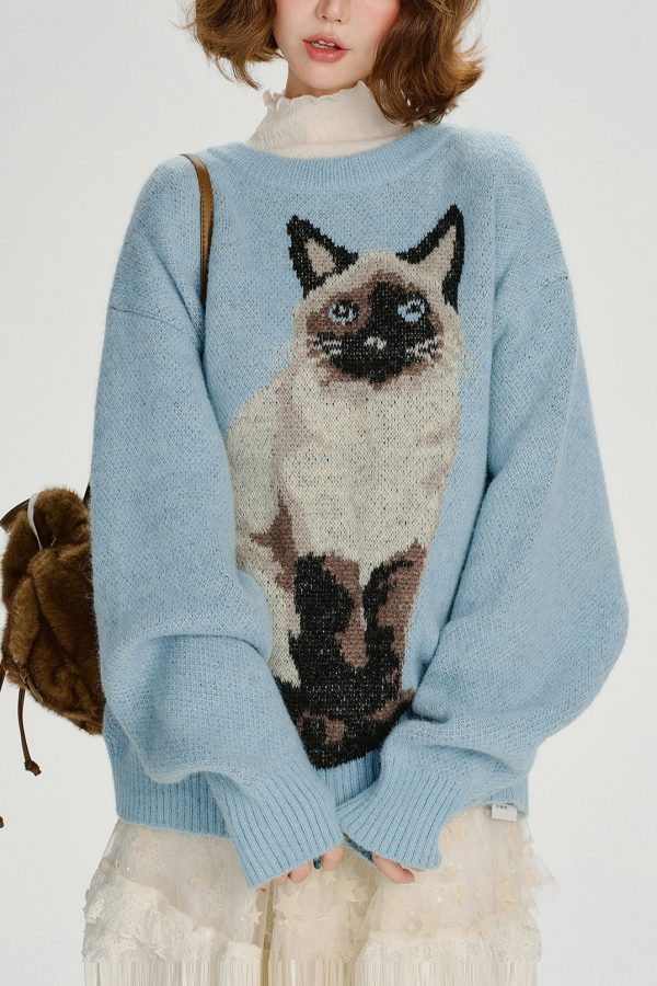 Boho Blue Oversized Dog Jacquard Knit Sweater Tops Winter