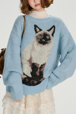 Boho Blue Oversized Dog Jacquard Knit Sweater Tops Winter