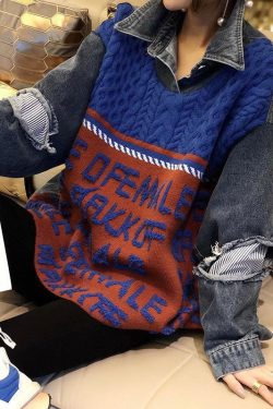 Boho Blue Patchwork Denim Hole Loose Fall Knit Knitted sweaters