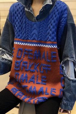 Boho Blue Patchwork Denim Hole Loose Fall Knit Knitted sweaters