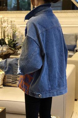 Boho Blue Patchwork Denim Hole Loose Fall Knit Knitted sweaters