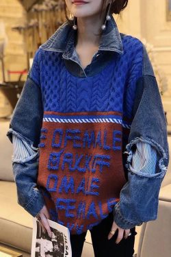 Boho Blue Patchwork Denim Hole Loose Fall Knit Knitted sweaters