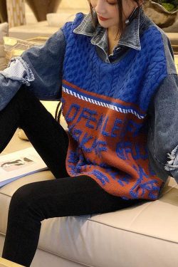 Boho Blue Patchwork Denim Hole Loose Fall Knit Knitted sweaters