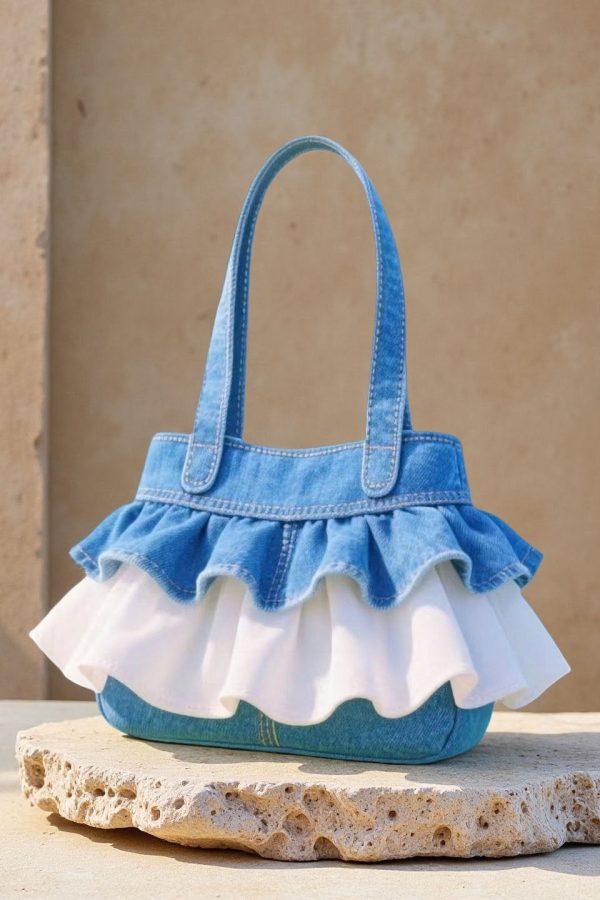Boho Blue Ruffled Patchwork Lace Denim Women Handbags
