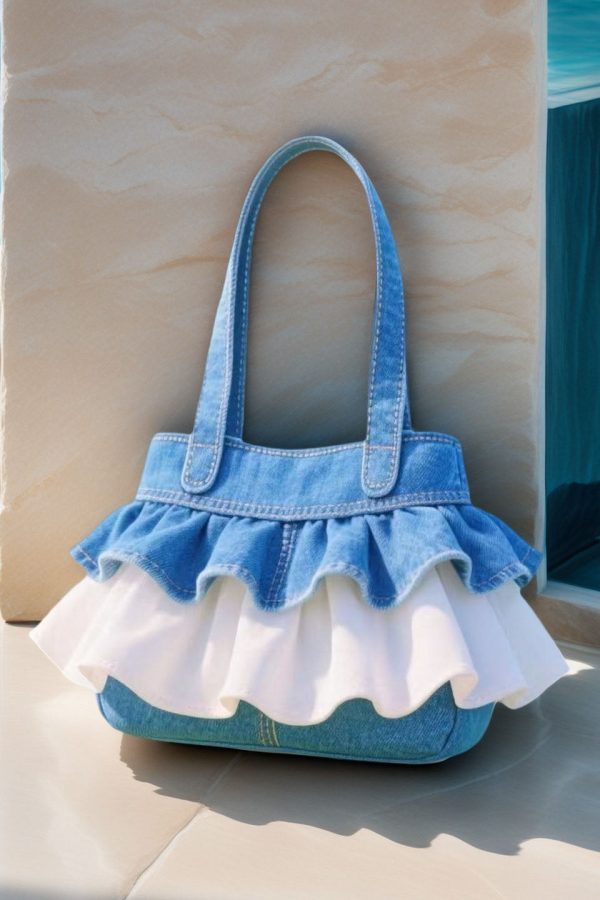 Boho Blue Ruffled Patchwork Lace Denim Women Handbags