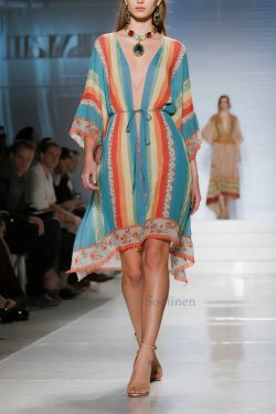 Boho Blue Tunic Striped Cotton Mini Dresses Summer