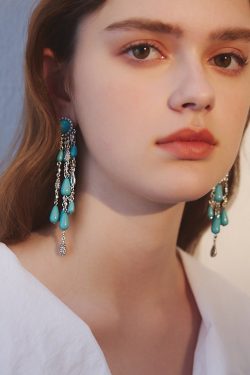 Boho Blue Zircon Water Drop Tassels Silver Plated Drop Earrings