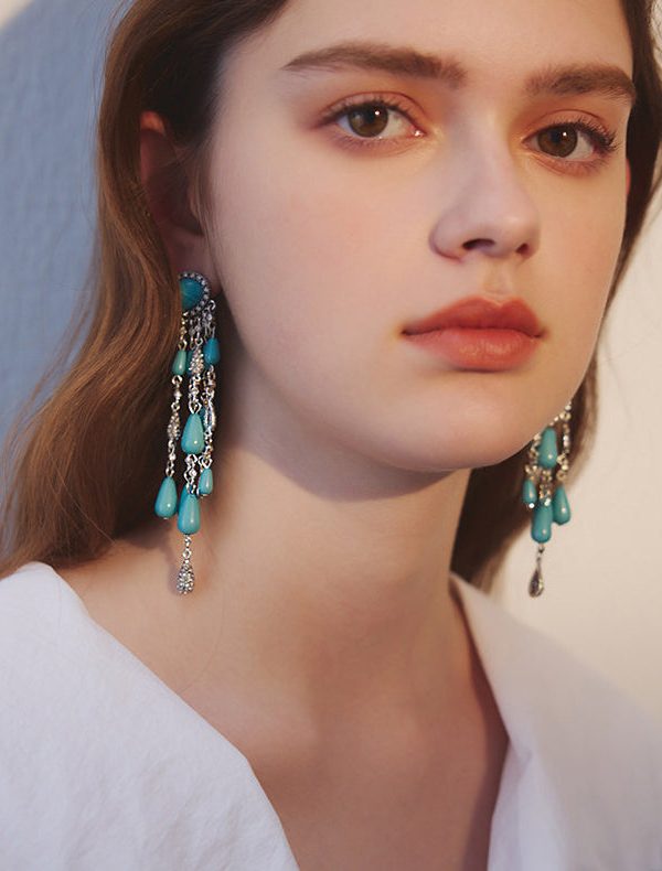 Boho Blue Zircon Water Drop Tassels Silver Plated Drop Earrings