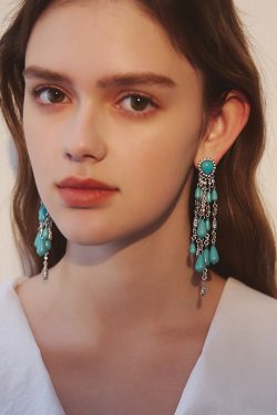 Boho Blue Zircon Water Drop Tassels Silver Plated Drop Earrings