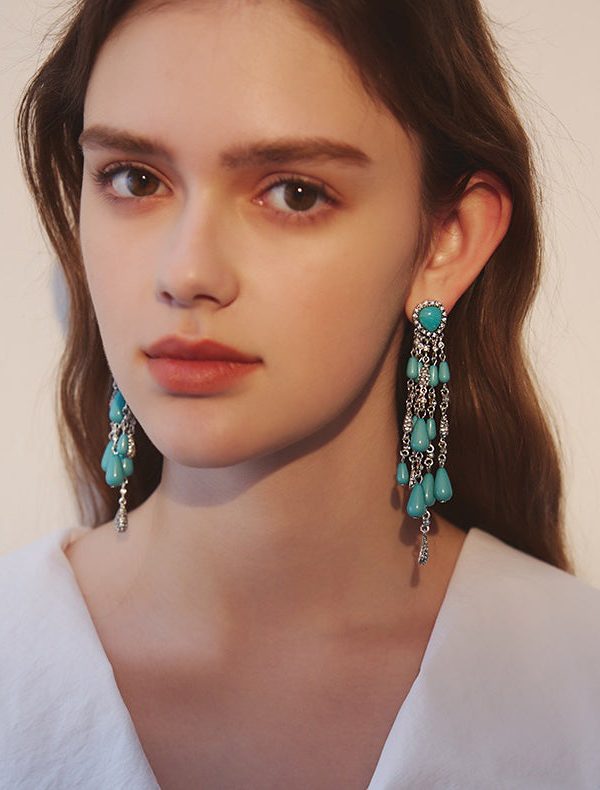 Boho Blue Zircon Water Drop Tassels Silver Plated Drop Earrings