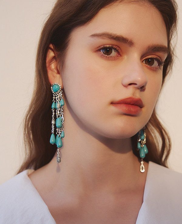 Boho Blue Zircon Water Drop Tassels Silver Plated Drop Earrings
