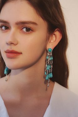 Boho Blue Zircon Water Drop Tassels Silver Plated Drop Earrings