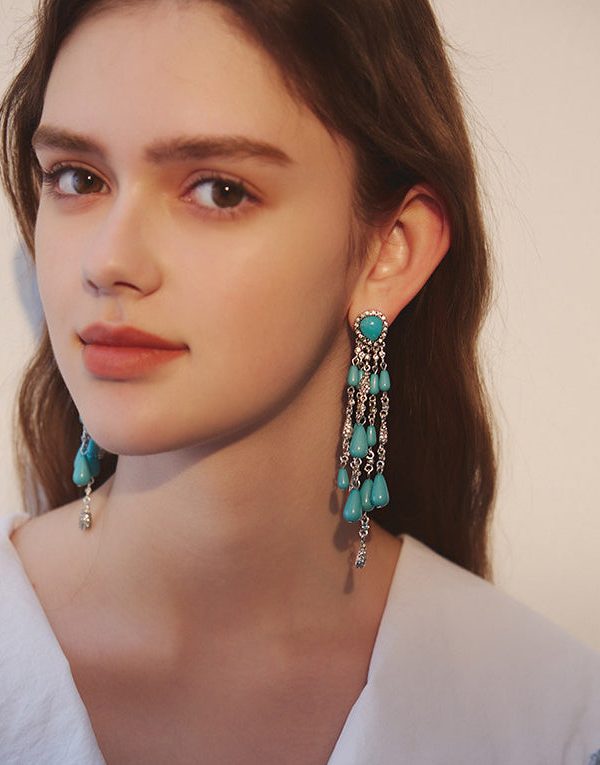 Boho Blue Zircon Water Drop Tassels Silver Plated Drop Earrings
