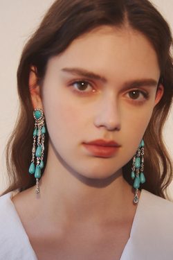 Boho Blue Zircon Water Drop Tassels Silver Plated Drop Earrings