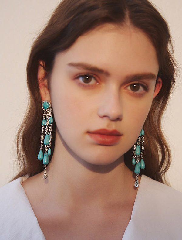 Boho Blue Zircon Water Drop Tassels Silver Plated Drop Earrings
