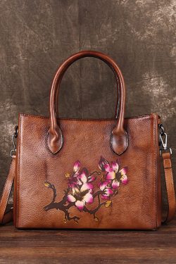 Boho Brown Print Paitings Calf Leather Satchel Handbag