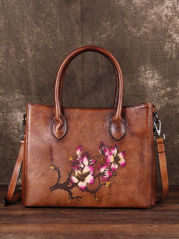 Boho Brown Print Paitings Calf Leather Satchel Handbag