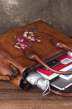 Boho Brown Print Paitings Calf Leather Satchel Handbag