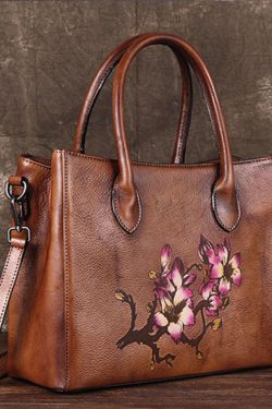 Boho Brown Print Paitings Calf Leather Satchel Handbag