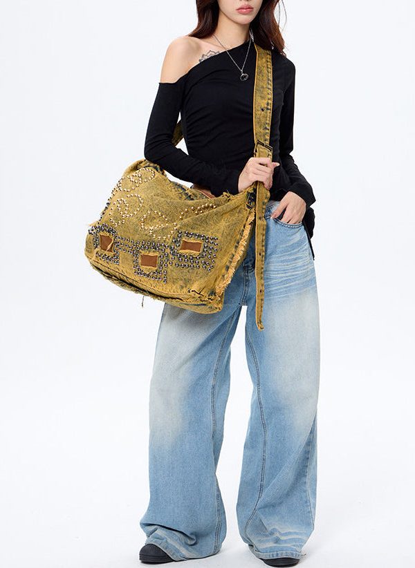Boho Brown Rivet Large Capacity Applique Denim Messenger Bag