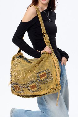 Boho Brown Rivet Large Capacity Applique Denim Messenger Bag