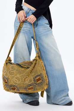 Boho Brown Rivet Large Capacity Applique Denim Messenger Bag