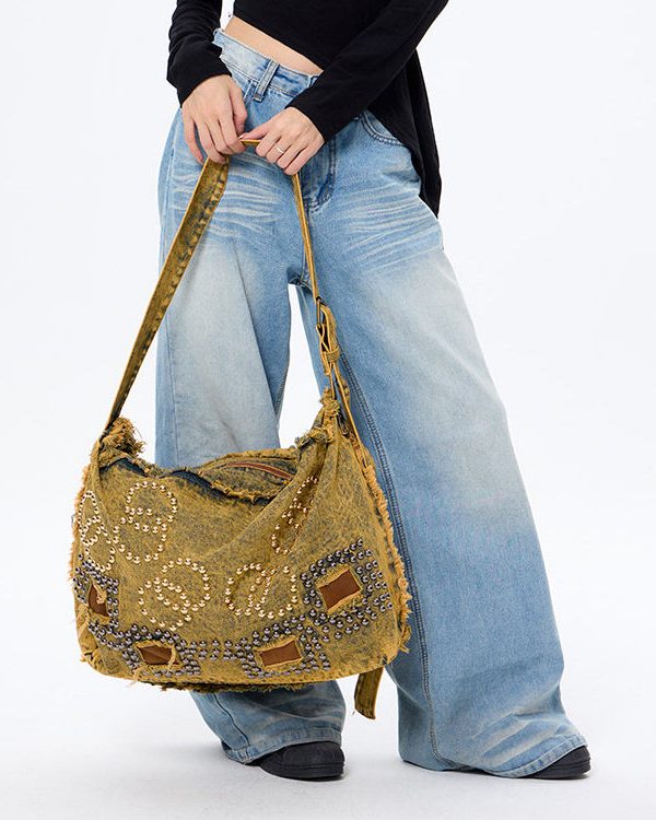 Boho Brown Rivet Large Capacity Applique Denim Messenger Bag