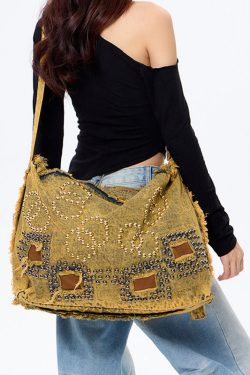 Boho Brown Rivet Large Capacity Applique Denim Messenger Bag