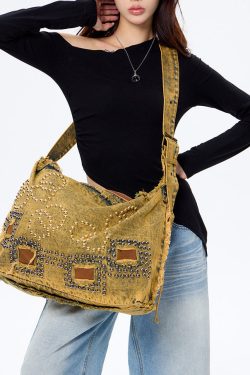 Boho Brown Rivet Large Capacity Applique Denim Messenger Bag