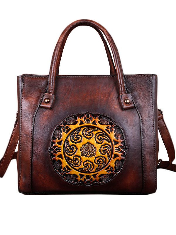 Boho Chocolate Embossing Paitings Calf Leather Tote Handbag