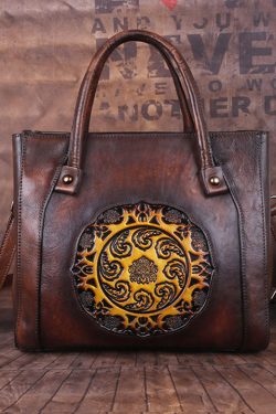 Boho Chocolate Embossing Paitings Calf Leather Tote Handbag