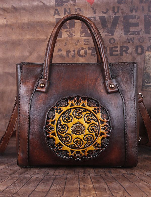 Boho Chocolate Embossing Paitings Calf Leather Tote Handbag