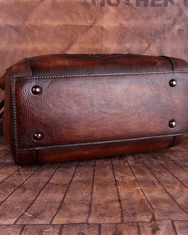 Boho Chocolate Embossing Paitings Calf Leather Tote Handbag