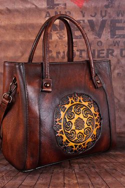 Boho Chocolate Embossing Paitings Calf Leather Tote Handbag
