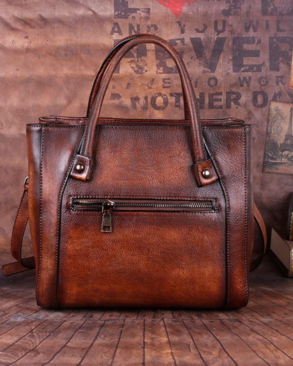 Boho Chocolate Embossing Paitings Calf Leather Tote Handbag