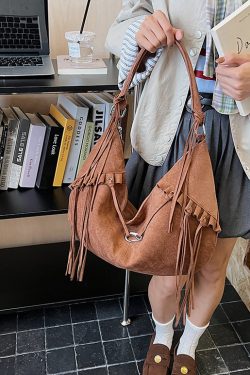 Boho Green Faux Suede Tassel Large Capacity Shoulder Bag