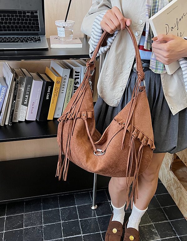 Boho Green Faux Suede Tassel Large Capacity Shoulder Bag