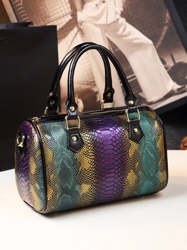 Boho Purple Embossed Durable Calf Leather Tote Handbag