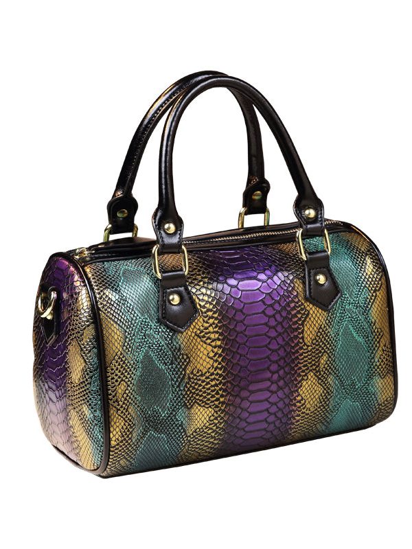 Boho Purple Embossed Durable Calf Leather Tote Handbag