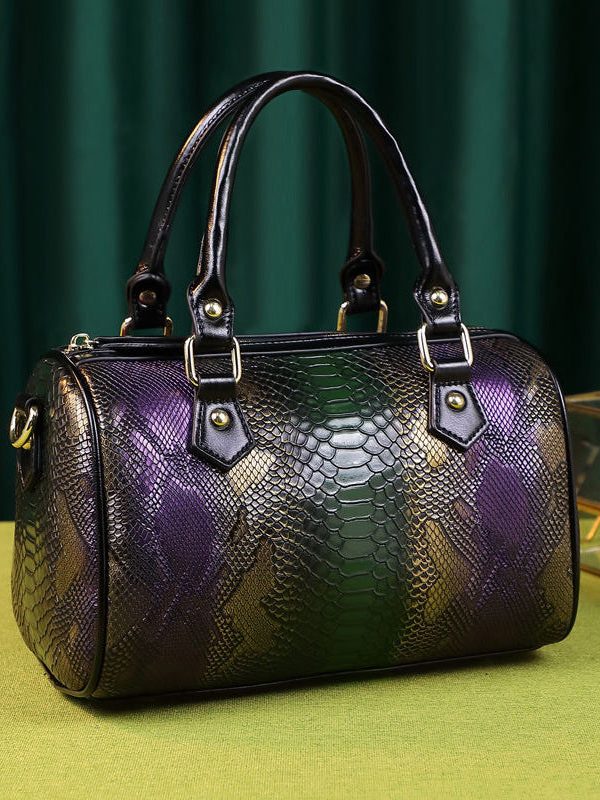 Boho Purple Embossed Durable Calf Leather Tote Handbag
