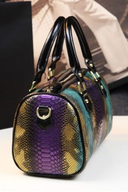 Boho Purple Embossed Durable Calf Leather Tote Handbag