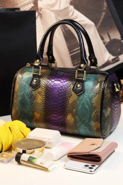 Boho Purple Embossed Durable Calf Leather Tote Handbag