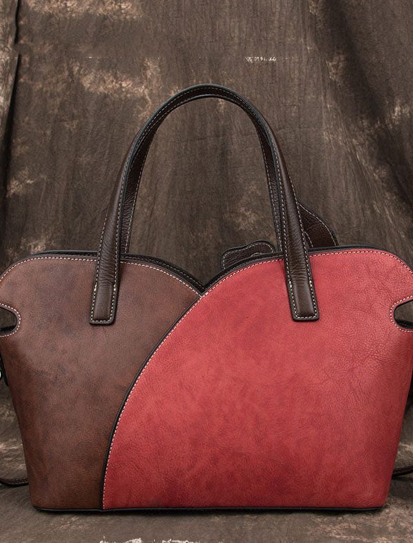 Boho Red Chrysanthemum Jacquard Patchwork Calf Leather Tote Handbag