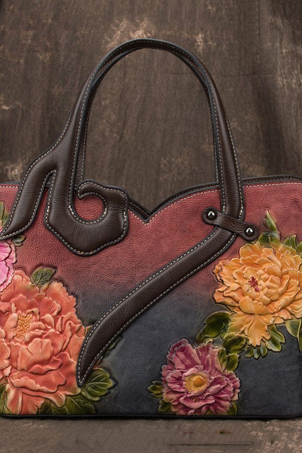 Boho Red Chrysanthemum Jacquard Patchwork Calf Leather Tote Handbag