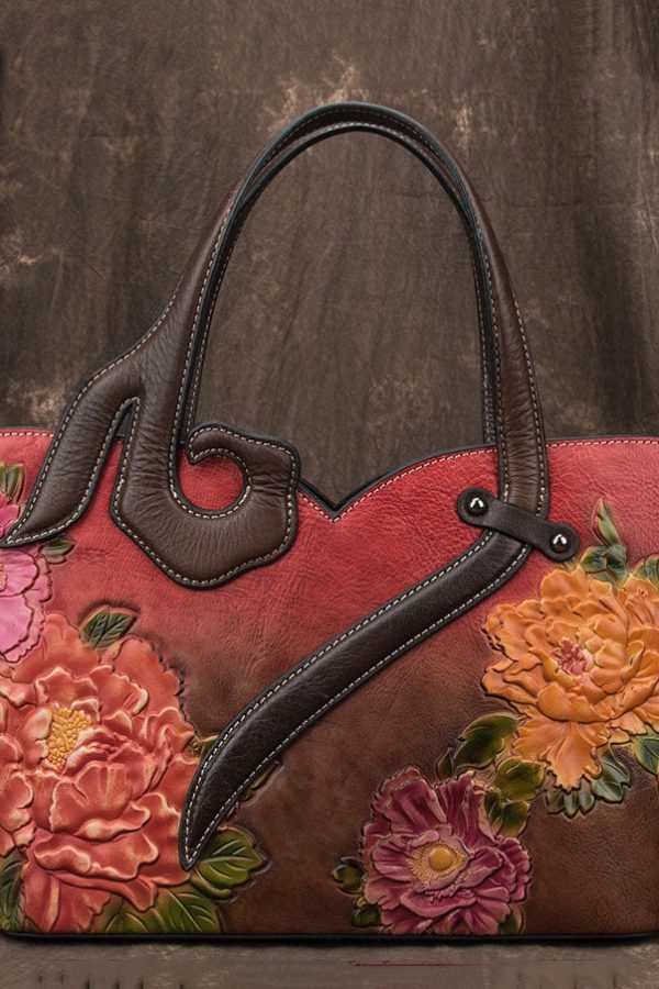 Boho Red Chrysanthemum Jacquard Patchwork Calf Leather Tote Handbag